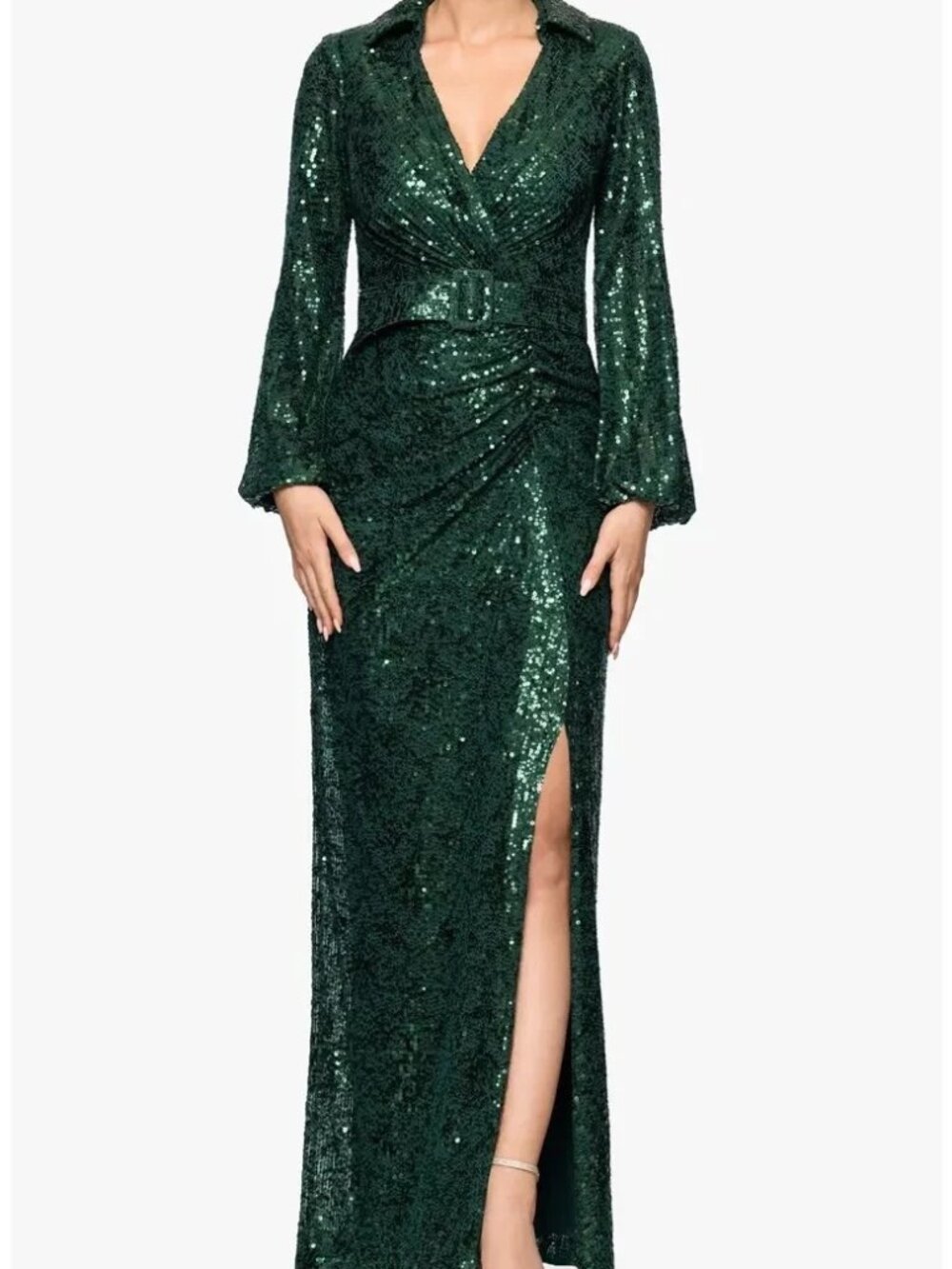 Betsy & Adam Pine Green Sequin Collar Long Sleeve Gown